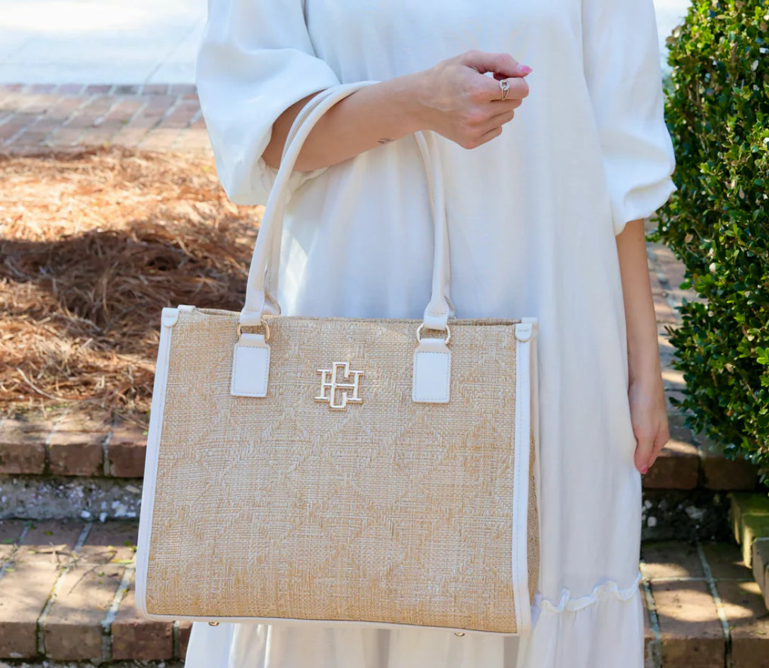 Caroline Hill “Hailey” Lattice Tote - Cream Trim