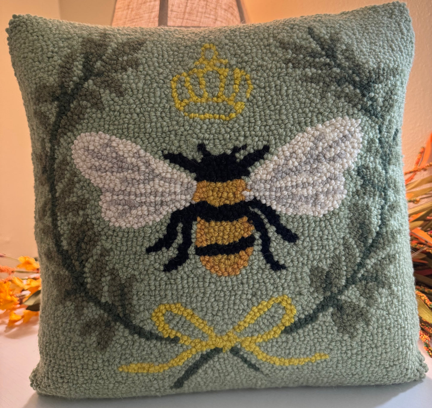 Wool Hooke Throw Pillow - Queen Bee 14”x14”