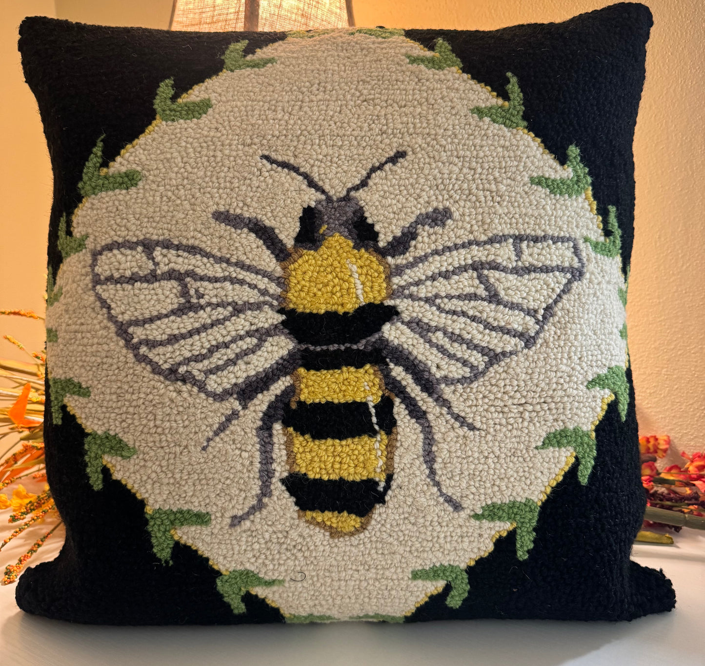 Wool Hooked Bumblebee Pillow 18”x18”
